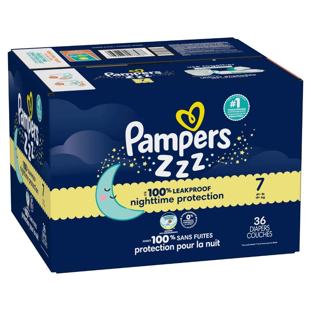 Pampers ZZZ Overnight Diapers, Size 7 (41+ lbs), 36 Count, Nighttime Protection Disposable Baby Diaper, Night Time Leak and Skin Protection