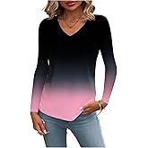 SOLY HUX Women's Ombre T Shirt V Neck Long Sleeve Tee Tops Casual Fall Clothes