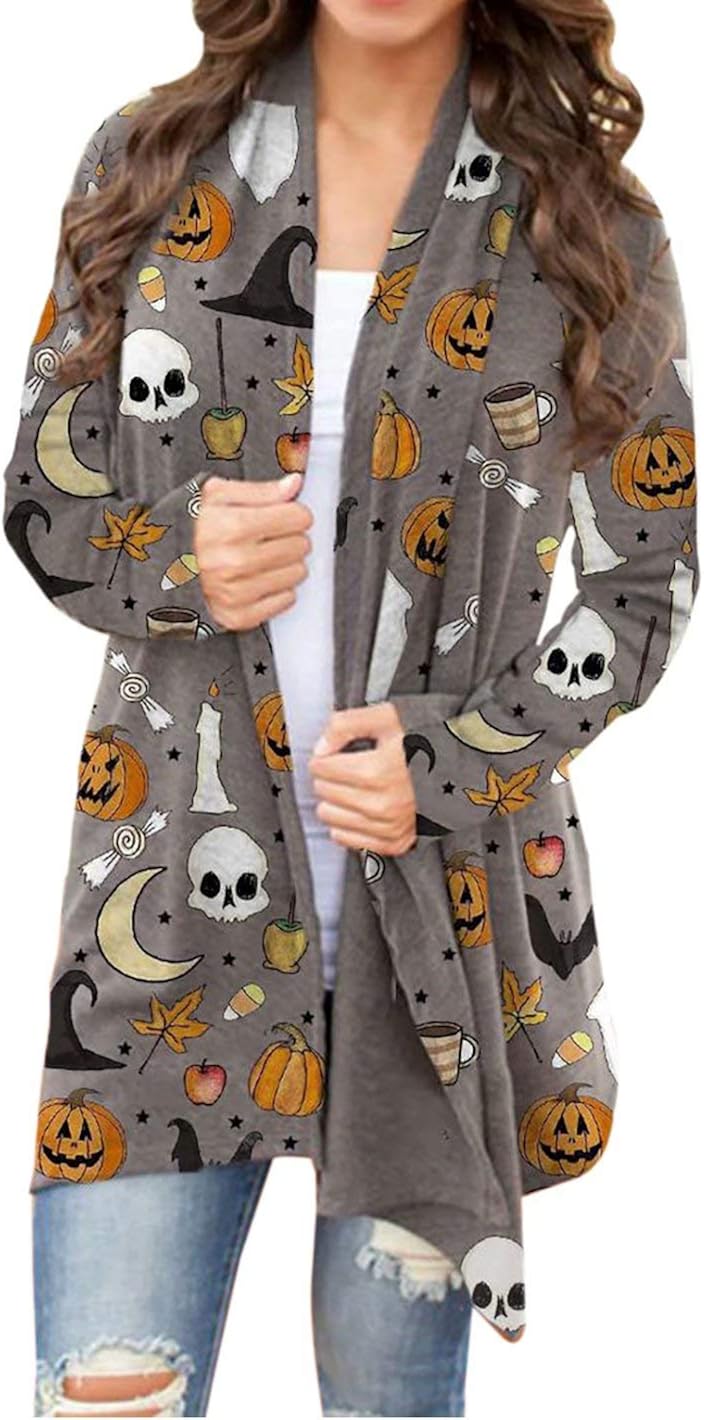 Halloween Print Cardigan for Womens Halloween Pumpkin Print Open Front Long Sleeve Knit Cardigan 