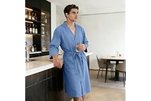 Waffle Weave Robe for Men - Lightweight Quick Dry Bathrobe, Soft Breathable Loungewear with Pockets (Blue)