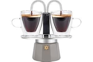 MVPLUE-Mini Express Double Tube Moka Pot Aluminum Gray,Share fresh delicious coffee with a friend