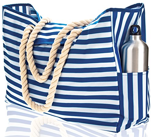 Beach Bag. 100% Waterproof. L17 xH15 xW6 with Coton Rope Handles, Top Magnet Clasp, Two Outside Pockets. Blue Stripes Shoulder Beach Tote Includes Phone Case, Built-in Key Holder and Bottle Opener
