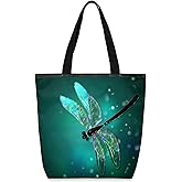 Dragonfly Cute Canvas Tote Bags, Eco Friendly Reusable Grocery Shopping Bags for Beach, Books, Women & Girls With Zipper Inner Pocket