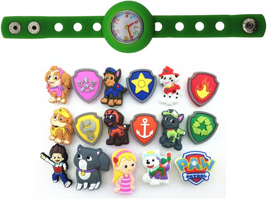 1 Green Kids DIY Lovely Watch + 17 Paw Patrol,puppy Power Shoe Charms Party Gift