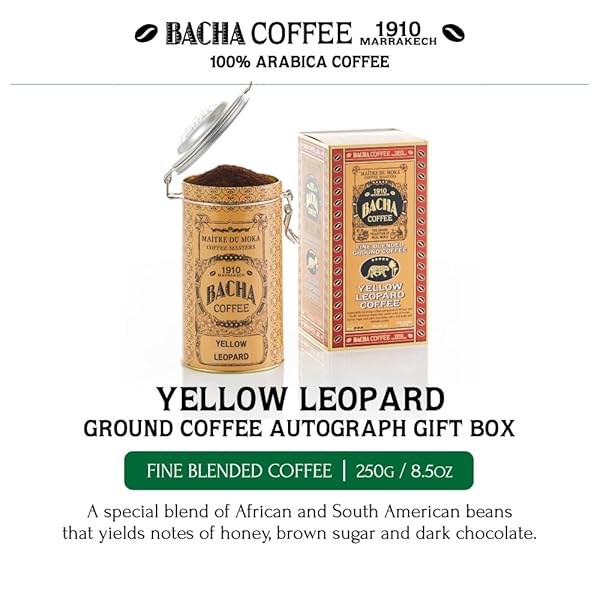 BACHA COFFEE | YELLOW LEOPARD FINE BLENDED, GROUND BEANS, MEDIUM ROAST, 100% ARABICA SPECIALTY COFFEE, 250G AUTOGRAPH COLLECTION, GIFT BOX
