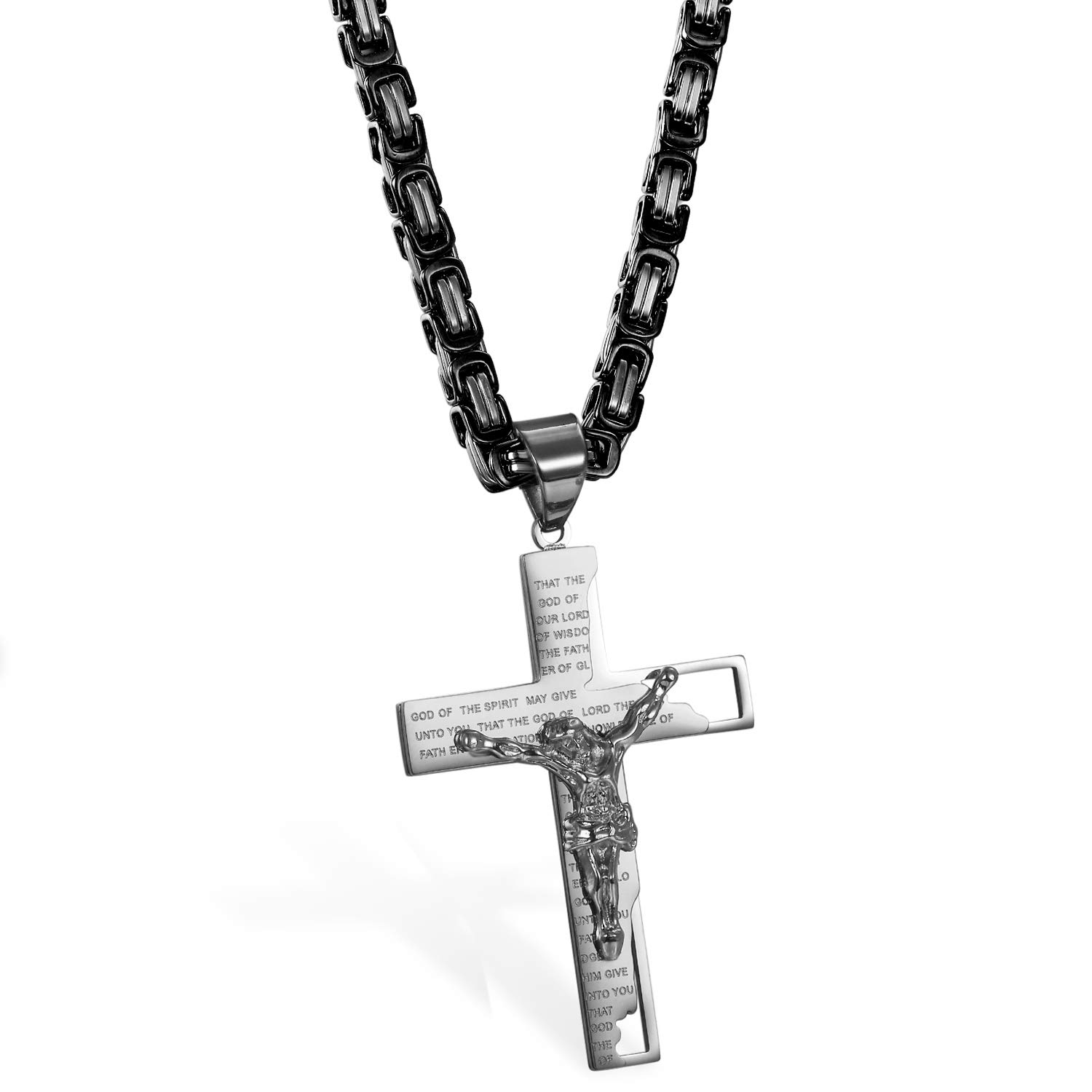 Cupimatch Mens Stainless Steel Christ Cross Pendant Necklace, Silver Jesus Crucifix Bible Lords Prayer 24.4" Chain Necklace