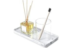 Nucookery 10" Ceramic White Marble Tray for Bathroom Rectangle, Large Vanity Tray, Kitchen Tray Dispenser Organizer, Marble White