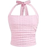 Floerns Girl's Eyelet Embroidery Sleeveless Halter Vest Solid Ruched Crop Tank Top