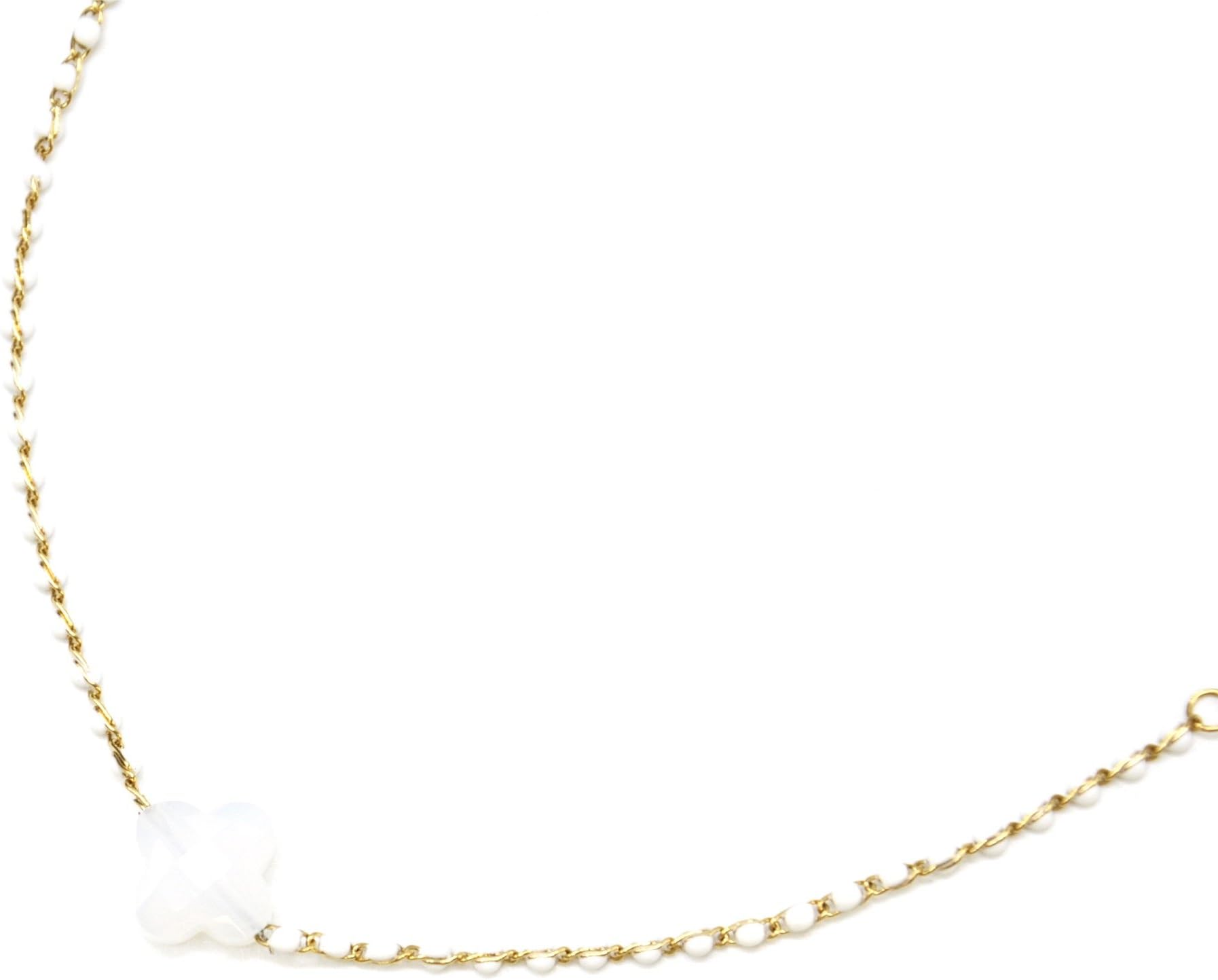 Oh My Shop CC2195F Fine Chain Necklace Gold-Plated Steel White Enamel Beads with Clover Stone