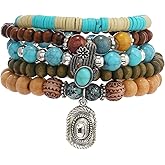 RUIFUU 5Pcs Bohemian Beaded Bracelet, Western Turquoise Bracelets Handmade Stackable Beaded Stretch Bracelet Vintage Country Cowgirl Jewelry Accessories for Women