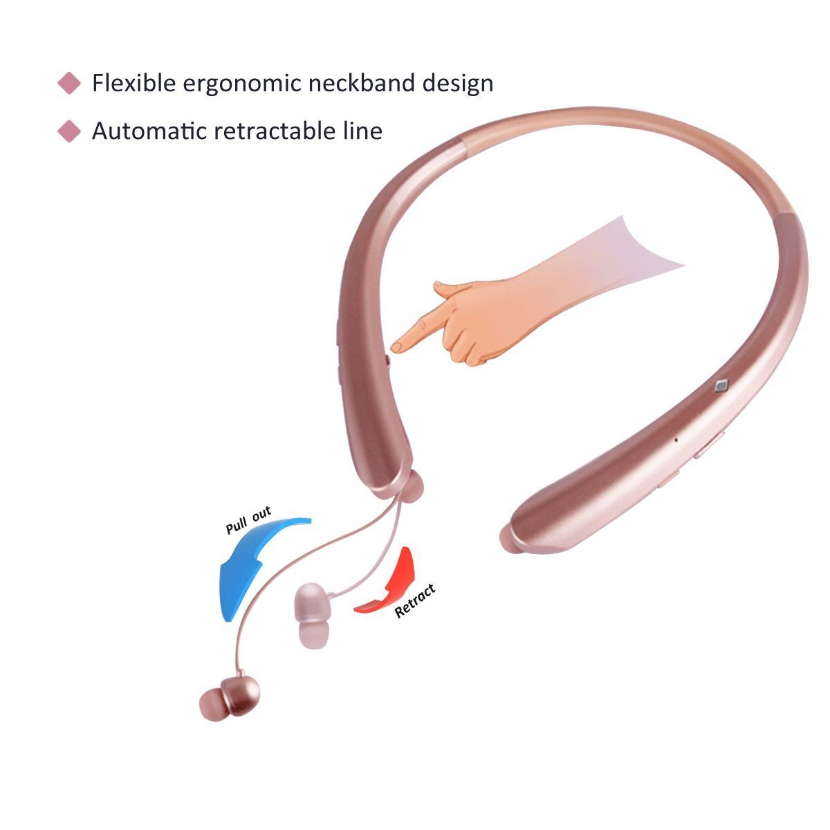 Bluetooth Neckband Retractable Headphones, Wireless Sweatproof Sports Headset Earbuds In ear Stereo Noise Cancelling Earphone with Mic for iPhone X/8/7/6 and Android by Ashipher (Gold)