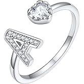 Silvora 925 Sterling Silver CZ Initial Ring, Dainty Adjustable Open A-Z 26 Alphabet Letter Rings for Women