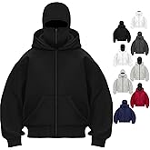 Balaclava Hoodie, Double Layer Hooded Sweatshirt with Wind Resistant Face Mask Zip, Hip-Hop Resistant Unisex Couple Style