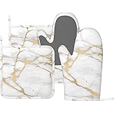 Oven Mitts and Pot Holders Marble White Gold Silicone Kitchen Accessories Set of 4 Heat Resistant Long Gloves Potholder Non-Slip Grip for Chef Cooking,Baking,Grilling,BBQ