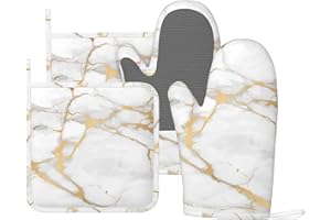 DADABULIU Oven Mitts and Pot Holders Marble White Gold Silicone Kitchen Accessories Set of 4 Heat Resistant Long Gloves Potholder Non-Slip Grip for Chef Cooking,Baking,Grilling,BBQ