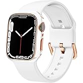 Sport Band and Bumper Case Compatible with Apple Watch 40mm 38mm 41mm 42mm 44mm 45mm 46mm Women, Soft Silicone Straps and Rose Gold Edge Protector Frame for iWatch Series 11 10 9 8 7 6 5 4 3 2 1 SE