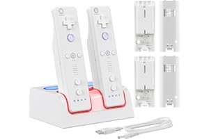 LA NREUCETS 4 Ports Controller Charger for Wii/Wii U Remotes, Controller Charger Dock Station with 4 Pack 2800mAh Rechargeable Battery and 23.6 Inches Charging Cable, Not Included Remote and Adapter
