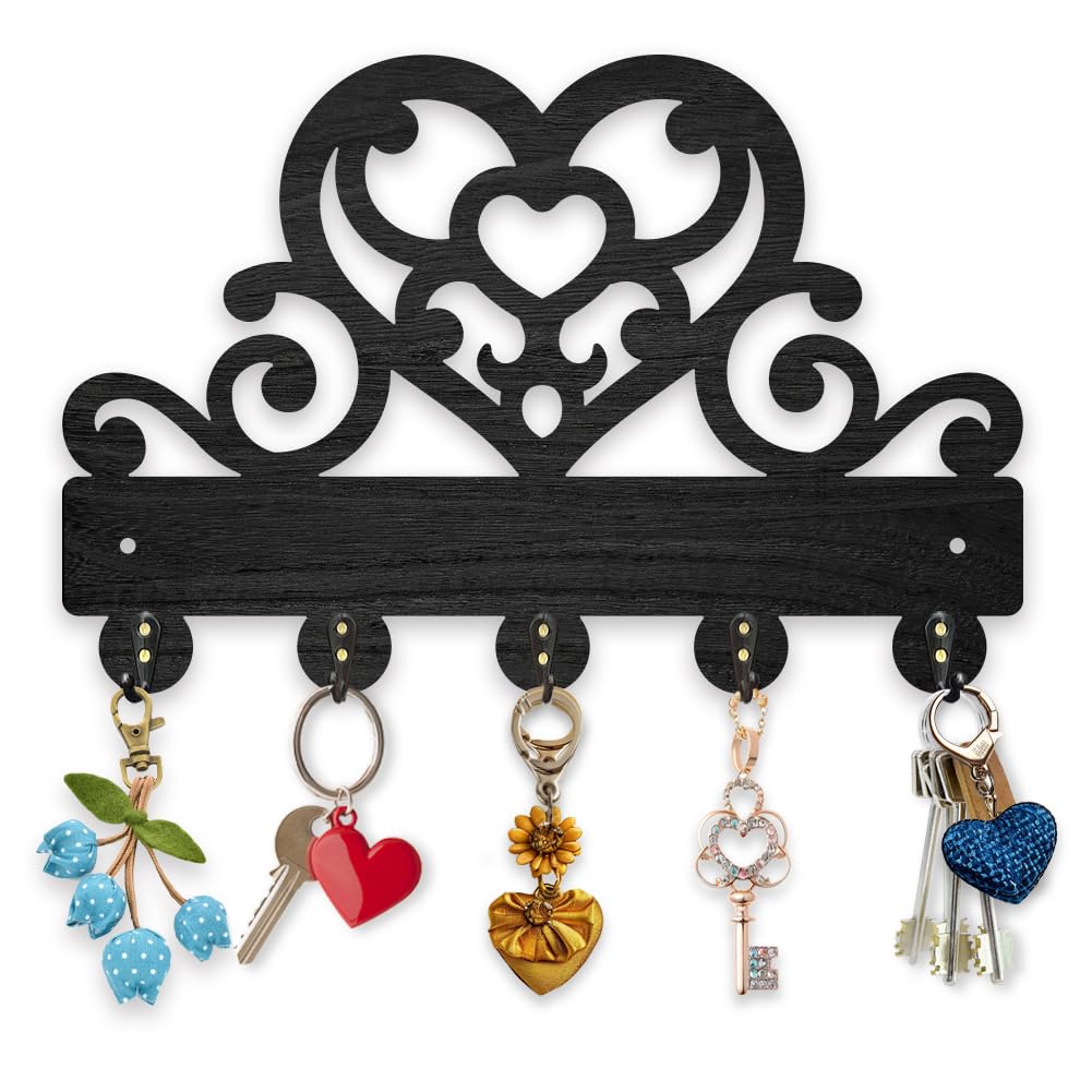MAYJOYDIY Heart Pattern Coat Rack Wall Mount Wood Floral Love Heart Key Hangers 30×20cm Decorative Gift Wooden Black Wall Key Rack Organizer 5 Alloy Hooks for Bedroom Kitchen Entryway
