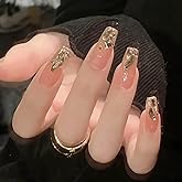 Hkanlre Bling Coffin Press on Nails Fake Nails Tips Full Cover Medium False Gradient Nails for Women and Girls 24PCS (Gold Co