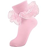 MKYSZLT Women Big Ruffle Ankle Socks Adult Double Lace Frilly Socks Fold Cuff Cotton Ruffled Dress Crew Bobby Bride Sock