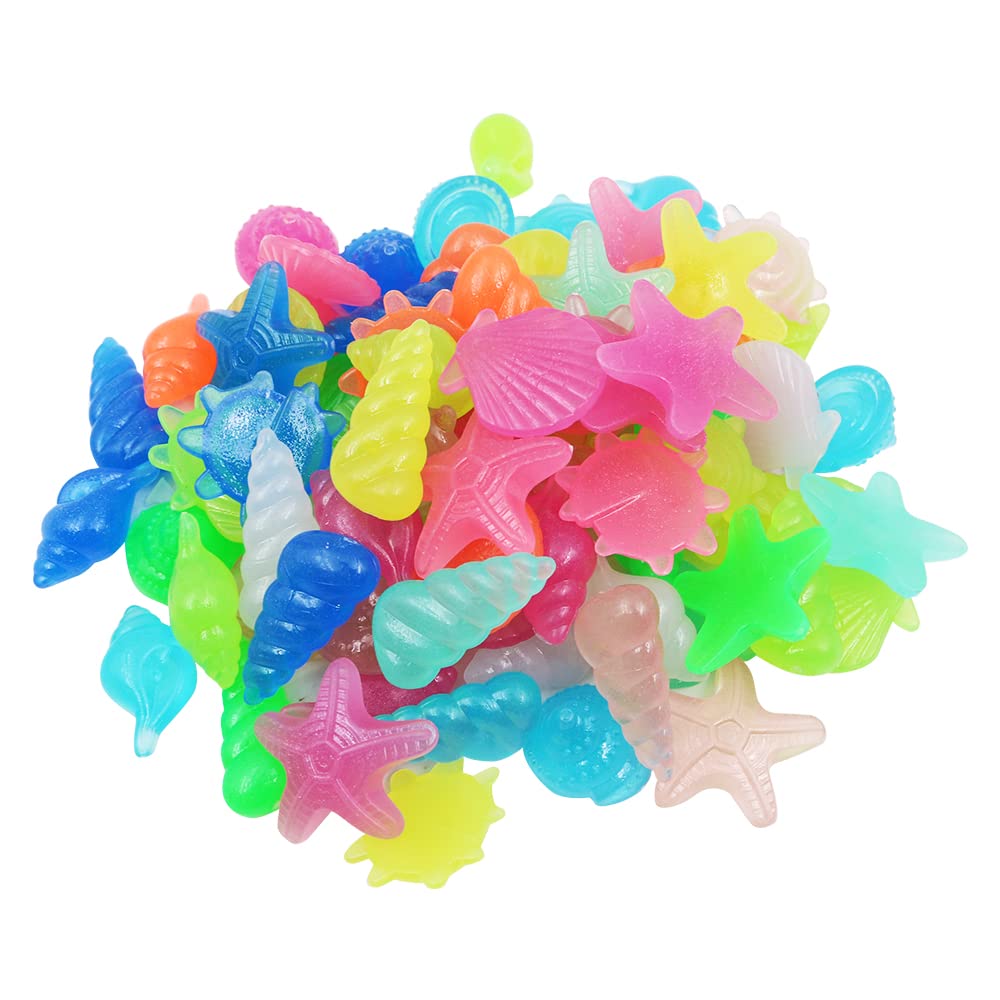 VOANZO 80pcs Glowing Stone Luminous Shells, Conch Shell Starfish Luminous Stone for Garden Pebbles Gravel Garden Pathway Yard Aquarium Fish Tank Decoration(25-35mm, Mixed Color)