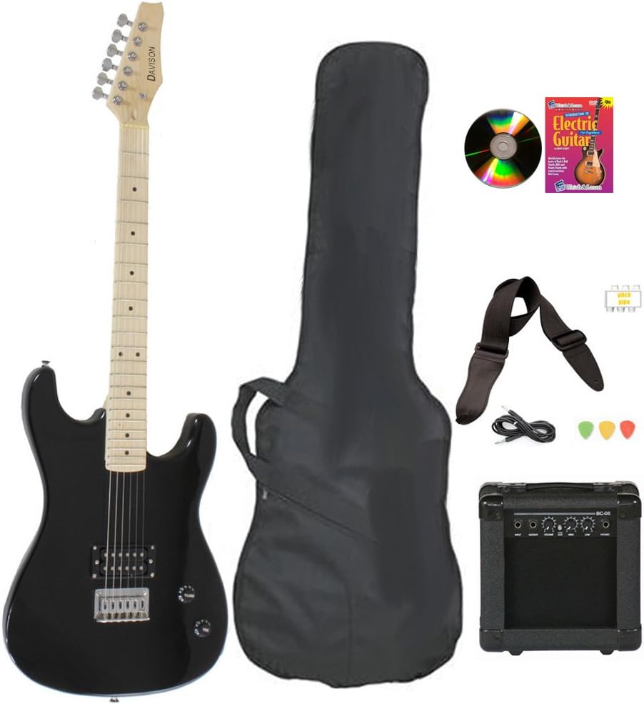 Black Full Size Electric Guitar & Practice Amp with Case Strap Cord Beginner Package & DVD