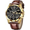 OLEVS Watches for Men Brown Leather Gold Case Analog Quartz Fashion Business Dress Watch Day Date Luminous Waterproof Casual Male Wrist Watches