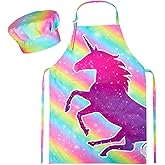 MHJY Kids Apron and Chef Hat Set, Child Aprons for Cooking Baking Painting Cute Toddler Girls Apron with Pockets 3-12 Years