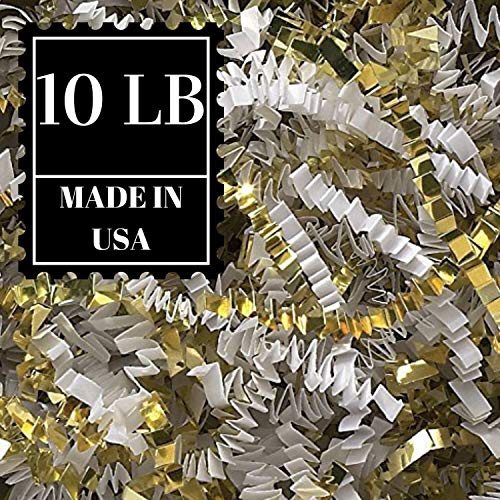 Crinkle Cut Paper Shred Filler for Packing and Filling Gift Baskets, Natural Craft Bedding in Brown Kraft Red Pink White Green Yellow Blue and White â€¦ (10 LB, White and Gold)
