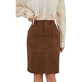 HERBATOMIA Women's Faux Suede Knee Length Skirt High Waisted Bodycon Fall Winter Zipper Trendy Skirts for Women with Pockets