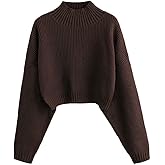 ZAFUL Women's Pullover Sweater Drop Shoulder Plain Knitted Cropped Sweater Pullover Solid Long Sleeve Cropped Tops