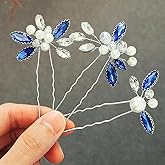 Heread Blue Crystal Bride Wedding Hair Pins Silver Pearl Bridal Hair Pieces Hair Accessories for Women and Girls(Pack of 3)