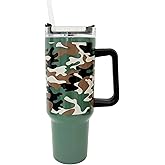 Spoontiques Stainless Steel Travel Mug, 40oz - Double Wall Insulation, Sturdy Handle, Sliding Lock Travel Lid - Camo
