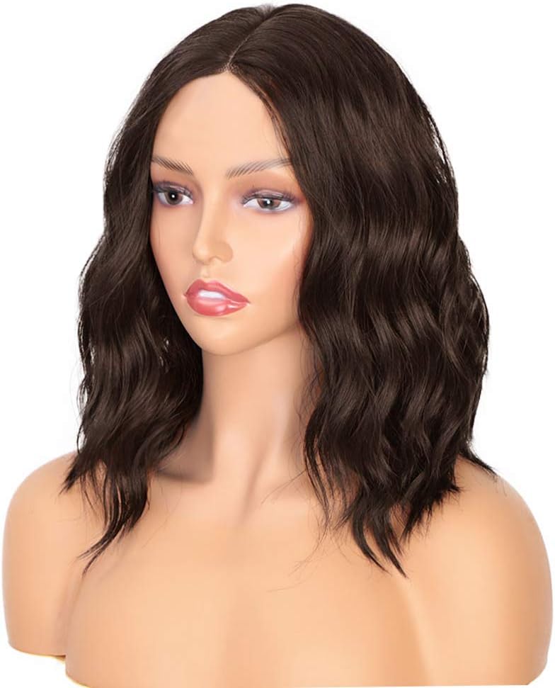 PORSMEER Short Wavy Curly Synthetic Hair Bob Wigs for Women Realistic Natural Wigs With Wig Cap for Ladies Cosplay Costume Party Daily Use(14 inch,Dark brown) - Image 5