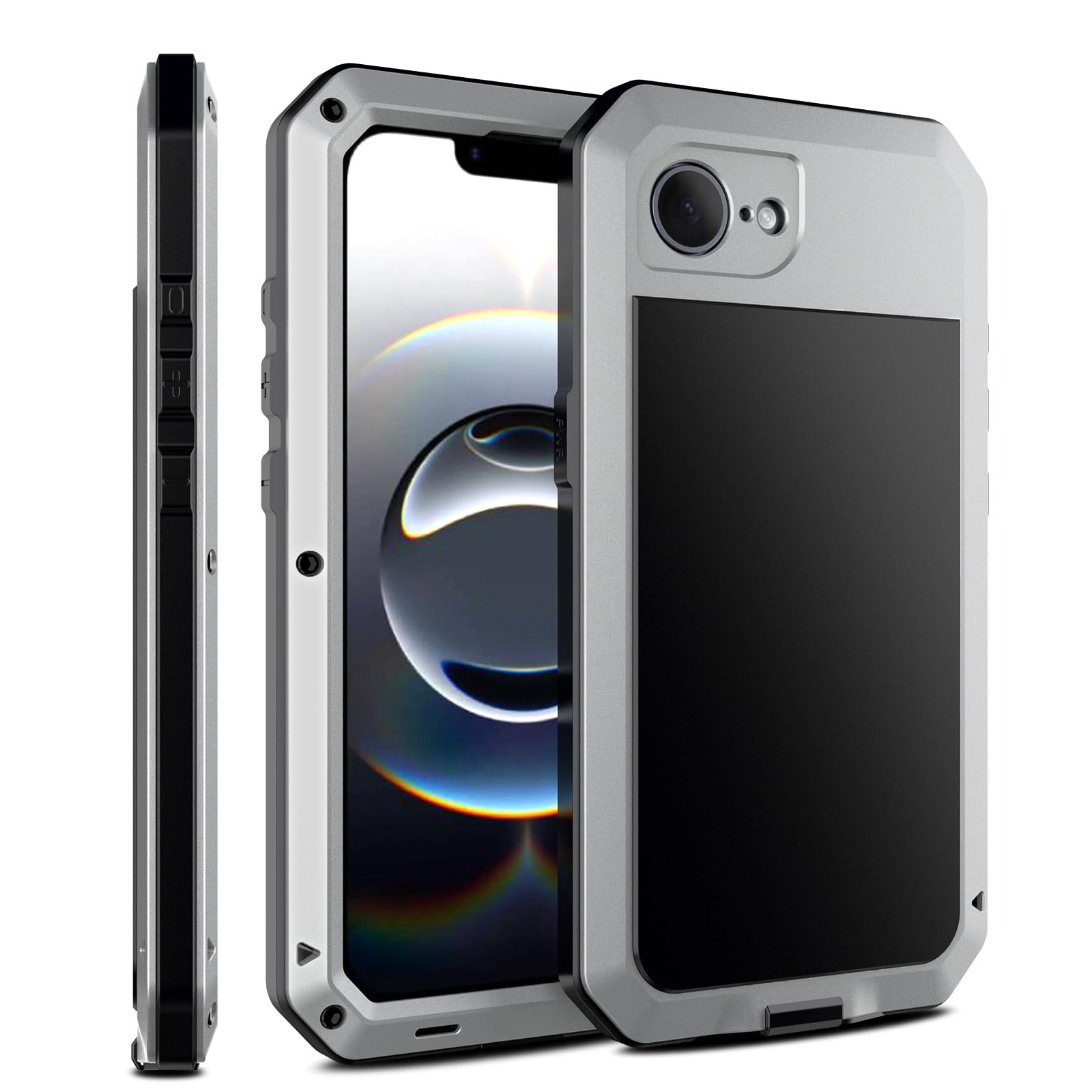 Marrkey for iPhone 16E Metal Case,Heavy Duty Shockproof Aluminum Alloy Tough Armour Military Grade Phone Case for iPhone 17E,Full Body Protective Cover with Silicone Built-in Screen Protector-Silver