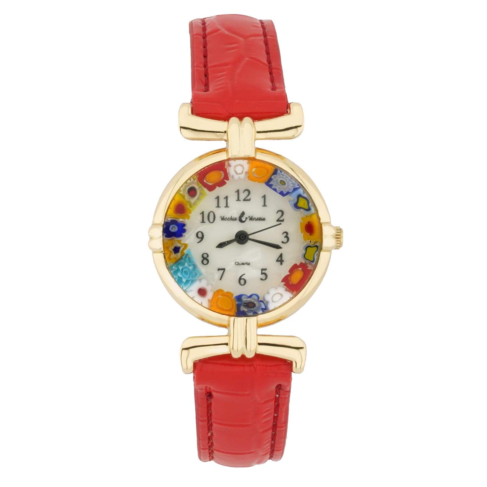 Glass Of Venice Murano Glass Millefiori Watch with Leather Band - Red Multicolor