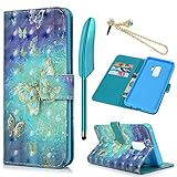 MOLLYCOOCLE Galaxy S9 Case(Not Plus), 3D Relief Pattern Wallet Case PU Leather Soft TPU Inner Bumper Ultra Slim Fit Protective Cover for Samsung Galaxy S9, Blue Butterfly