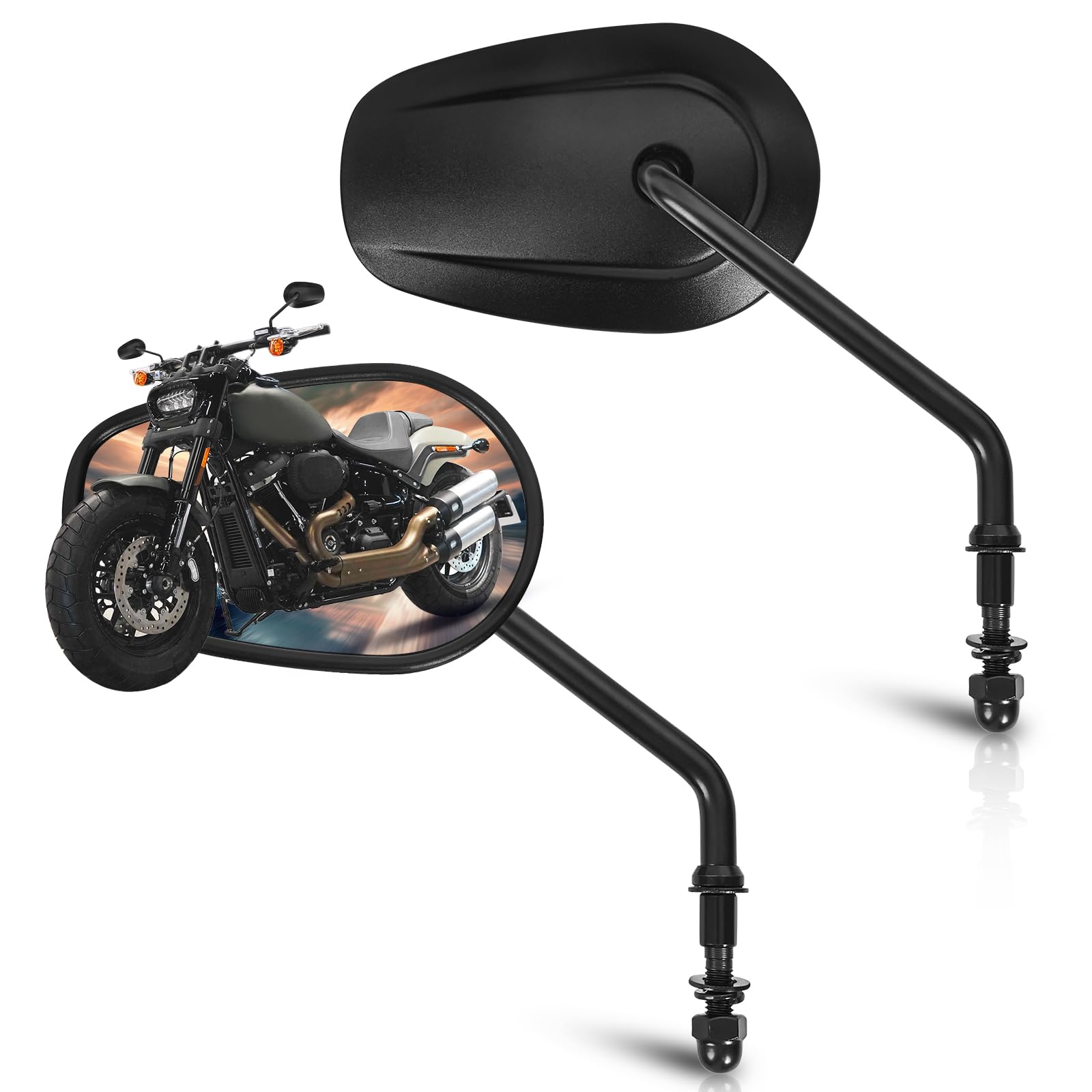 Photo 1 of Motorcycle Mirrors, Long Stem Black Handlebar Side Mirrors Compatible with Harley Sportster Road King Street Electra Glide Dyna Softail Road Glide 1982-2025(Black)