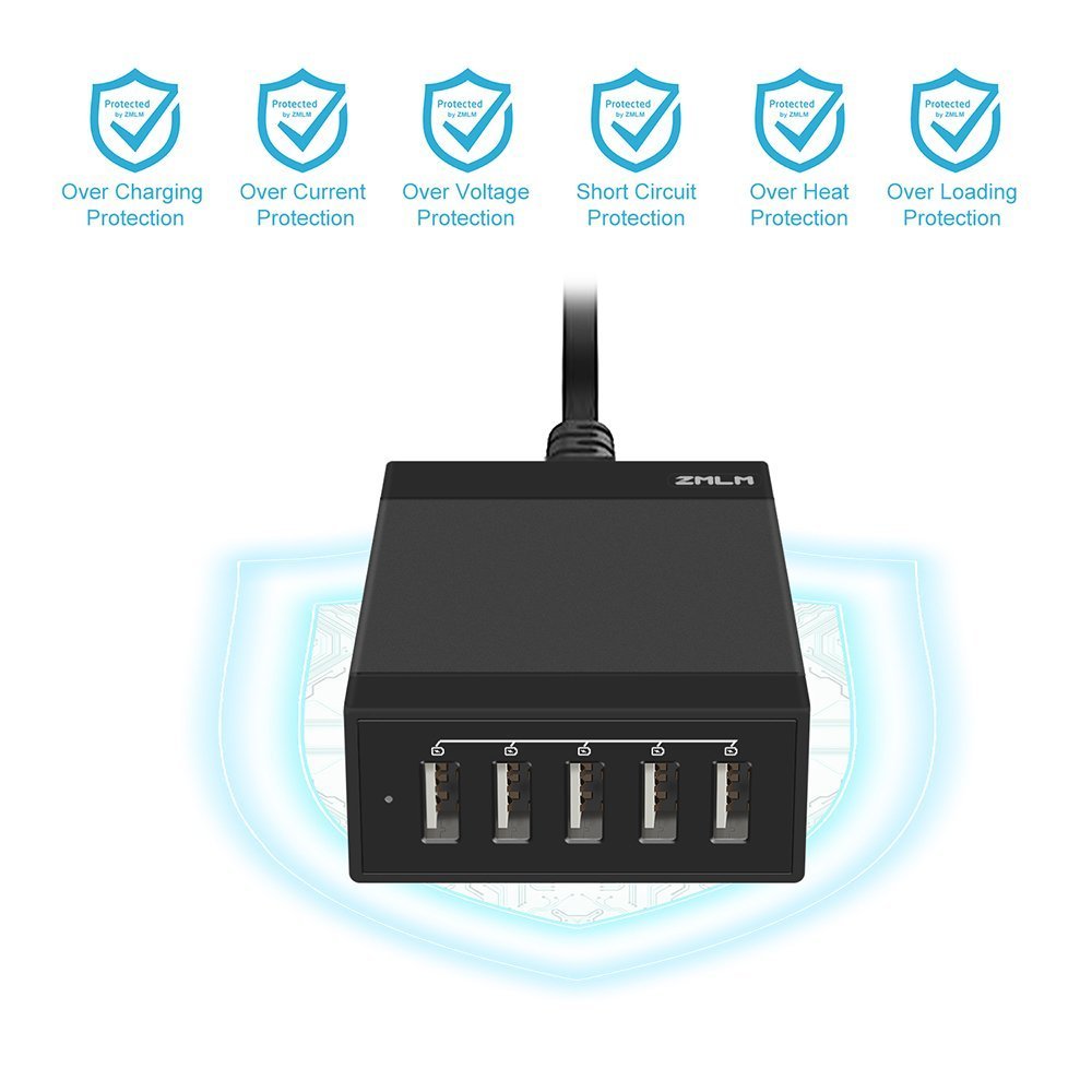 ZMLM 40W/8A 5-Port USB Charger Multi-Port Wall Charging Station with Smart IC for iPhone 7 / 6s / Plus, iPad Pro / Air 2 / mini /iPod, Galaxy S7 / S6 / Edge / Plus, Note 5 / 4, LG, Nexus, HTC and More