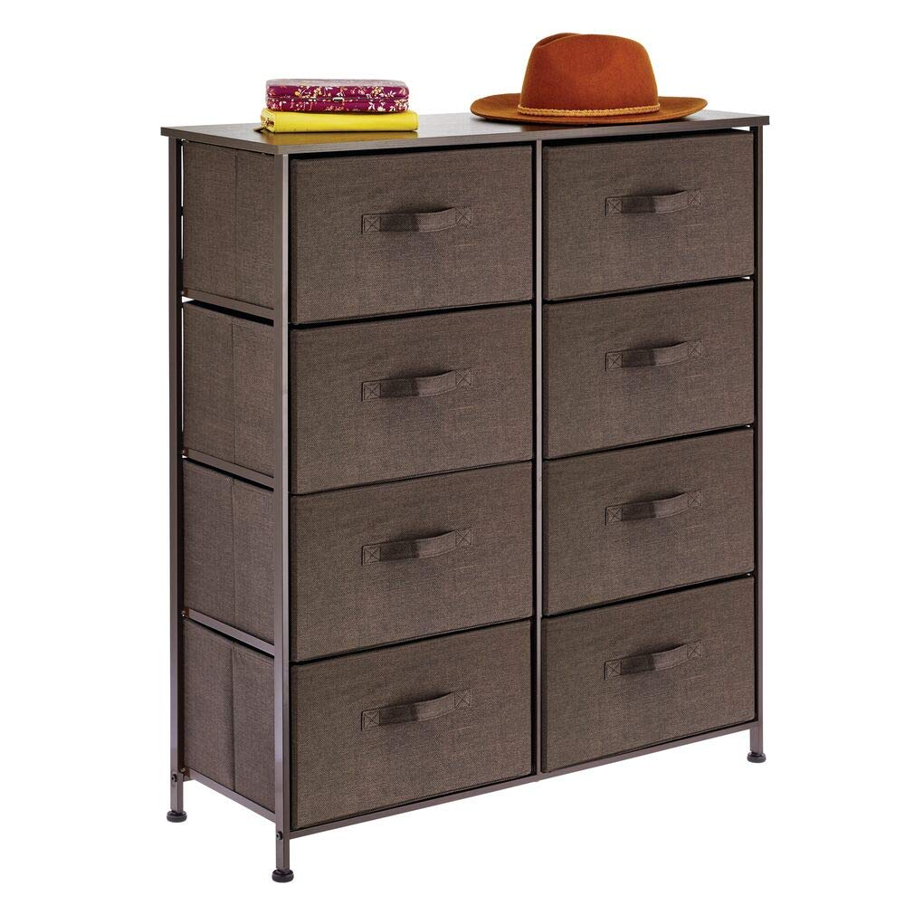 mDesign Vertical Dresser Storage Tower - Sturdy Steel Frame, Wood Top, Easy Pull Fabric Bins - Organizer Unit for Bedroom, Hallway, Entryway, Closets - Textured Print - 8 Drawers - Espresso Brown
