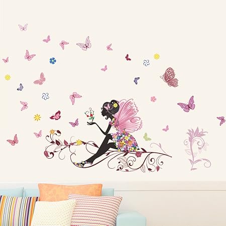 Zooarts Blumenfee Schmetterlingsmädchen ntfernbare Vinylwand Abziehbild