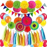 ZERODECO Fiesta Party Decoration, Multicolor Vibrant Hanging Paper Fans Pompoms Latex Balloon Tissue Paper Tassel Triangle Bunting Banner for Fiesta Mexican Cinco De Mayo Baby Shower Party