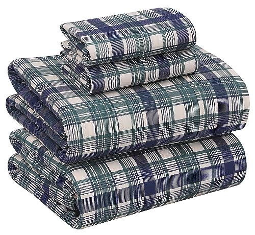 Ruvanti - Set di lenzuola in 100% cotone, per letto king size, 4 pezzi, morbide e traspiranti, tasca profonda 40,6 cm, qualitĂ da hotel, fresche, resistenti, tintura perfetta, blu verdastro a quadri