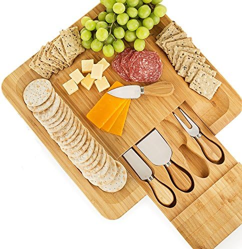 Bamboo Cheese Board with Cutlery Set By Annstory 4 Pieces Set Cheese Knives with Bamboo Wood Handle Steel Stainless Cheese Slicer Cheese Cutter Cutlery In Slide-Out Drawer