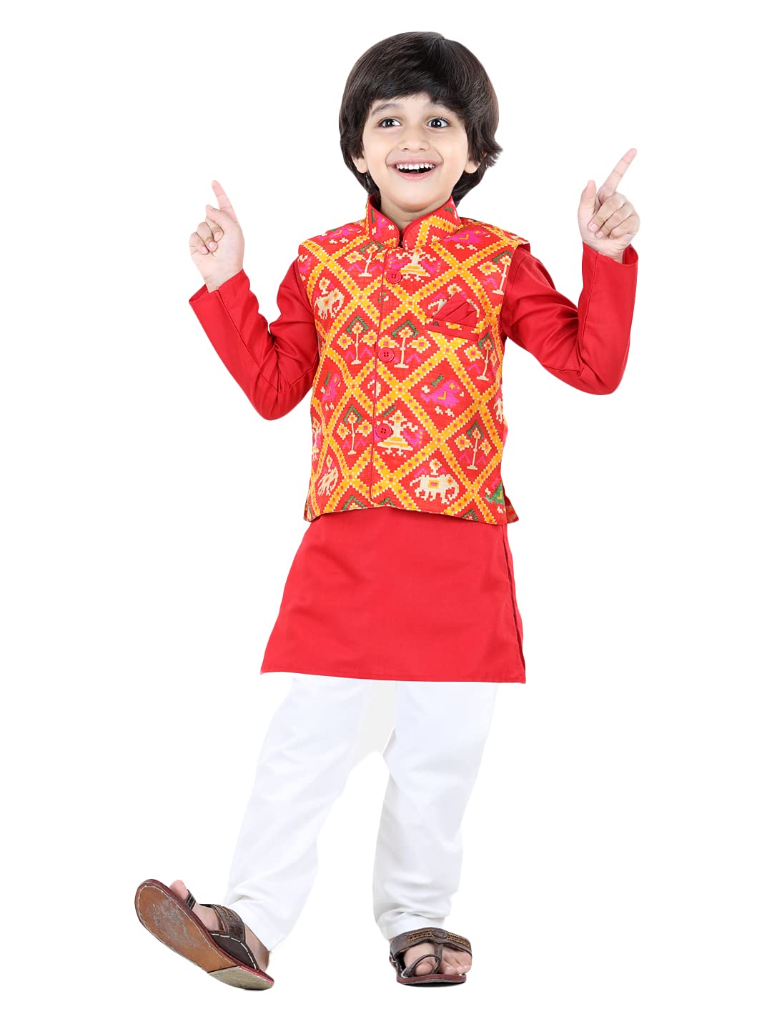 Photo 1 of ** ONLY PANTS **
BownBee Kids Cotton Kurta Pyjama Set with Silk Waistcoat (Nehru Jacket) for Boys, Ethnic 3 Piece Traditional Wear Indian Style Wedding Dress for Red/White