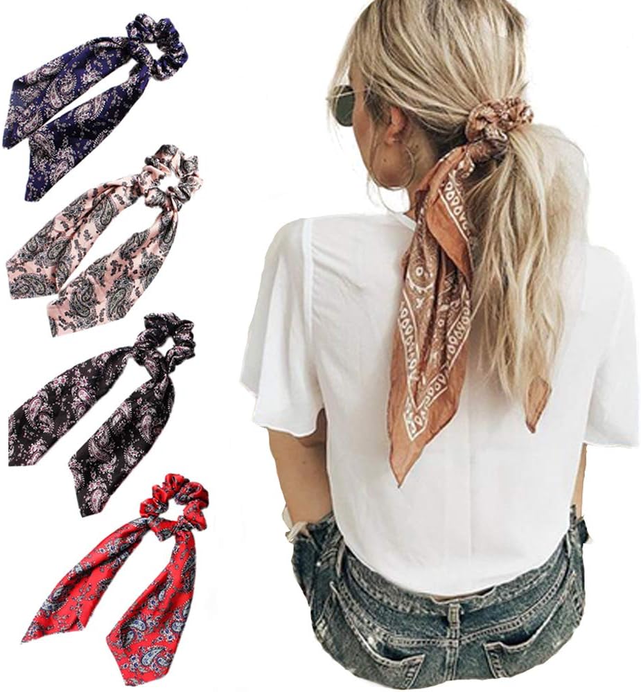 Home4Garden 4Pcs Floral Print Hair Scrunchies Satin Elastic Hair Bands Hair Scarf Bohemian Style Ponytail Holder Ties Vintage Hair Accessories for Women Girls