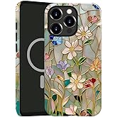 TnXee Case Compatible with iPhone 16 Pro Max,Compatible with MagSafe,Glossy Fall Prevention Hybrid 2-Layer Hard Shell Cases for Girls Boys,Stained Glass Bloom Flower