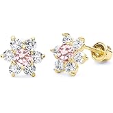 14k REAL Yellow Gold Flower Stud Earrings with Screw Back - 12 Different Color Available