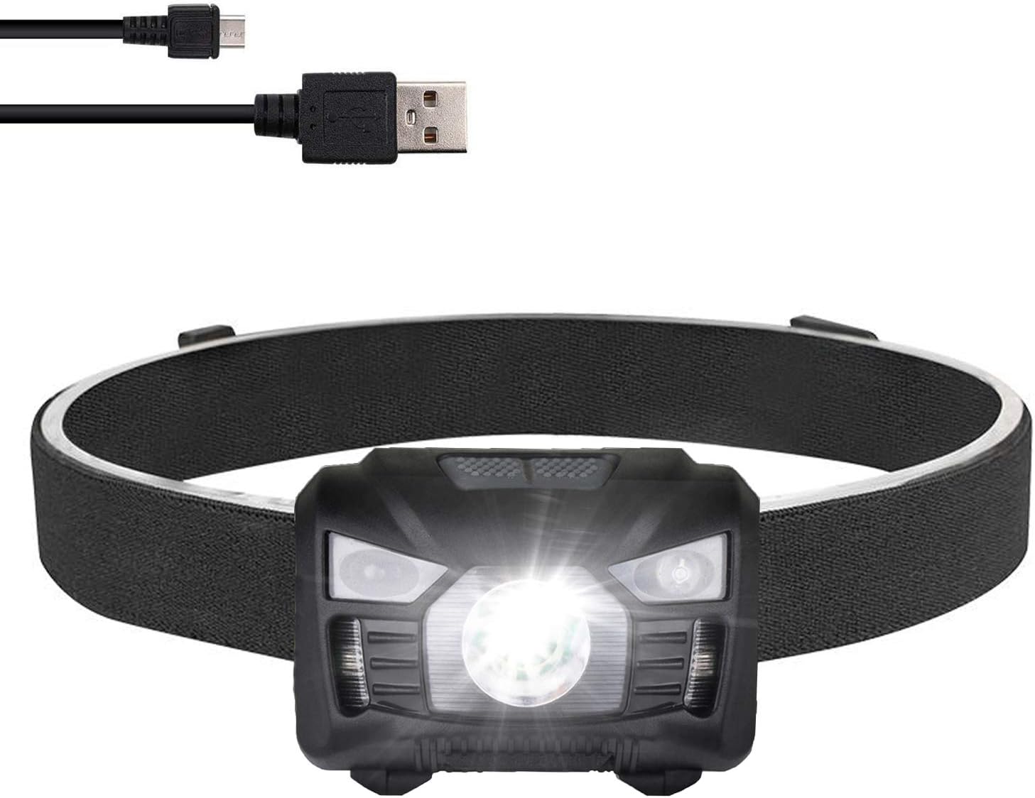 USB Rechargeable Headlamp Flashlight, 300 Lumen Motion Sensor Head Lamp, Super Bright White Cree Led Red Light, 5 Light Modes Waterproof Hands-Free LED Headlamp, Adjustable Headband Head Lamp for Camping - - 