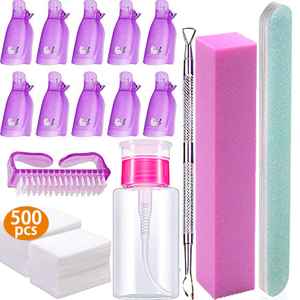 Nail Polish Remover Tools Kit - 500 Pcs Polish Remover Cotton Pads, 10 Pcs Purple Polish Remover Clips Caps, 1pc Nail Polish Remover Bottle, 1pc Cuticle Pusher, 1pc Nail Brush, 100/180 Grit Nail File and Rectangular Nail Buffer Block Tools : Beauty